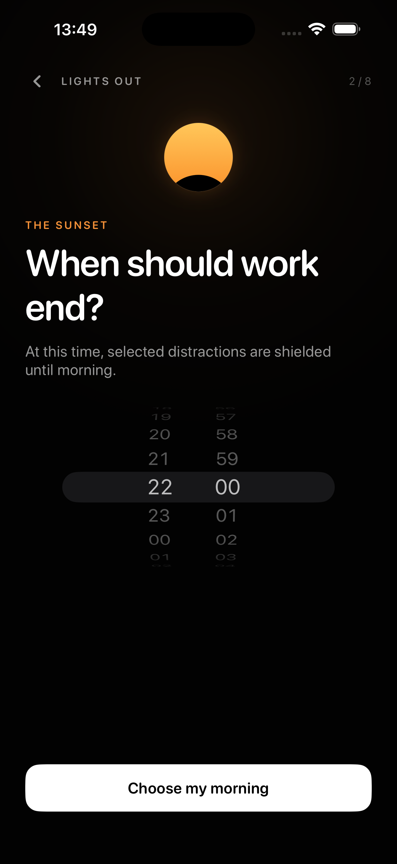 Lights Out lets you choose when work ends, with 22:00 selected